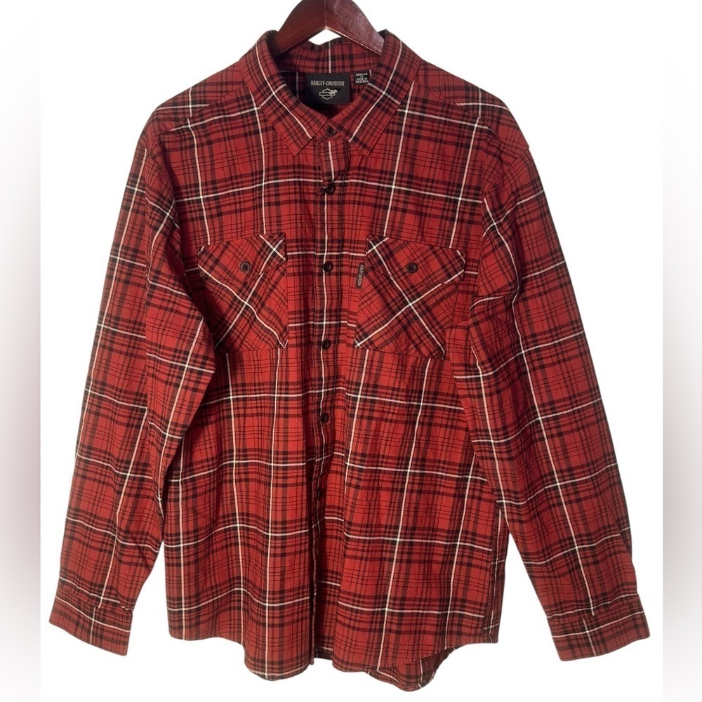 Harley Davidson red Plaid Long Sleeve Button Down men Size XL 100% Cotton